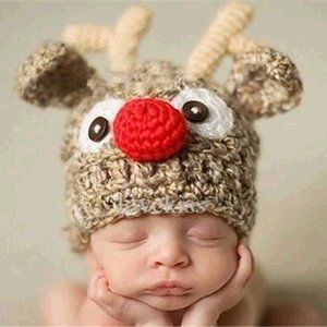 Newborn Hand Crocheted Brown Reindeer Hat w/Red Nose